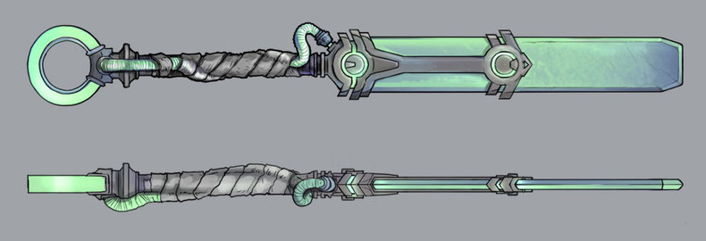 Ekko's slugger, shown from the front and side in his concept art.